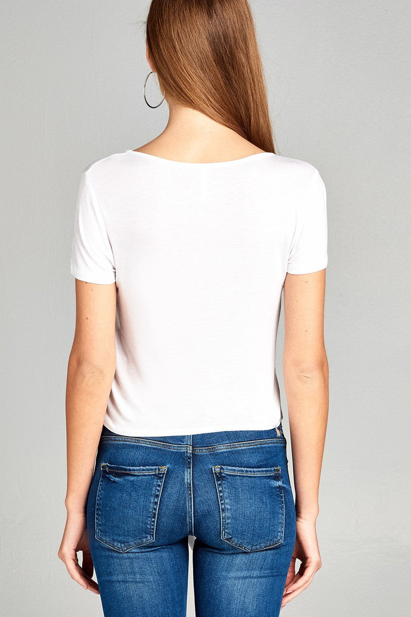 Ladies fashion short sleeve v-neck w/cross strap front self tie rayon spandex top