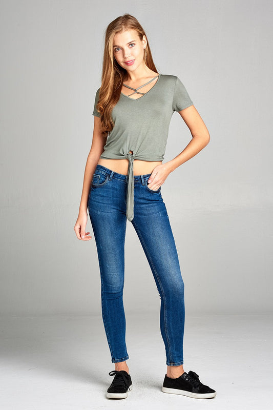 Ladies fashion short sleeve v-neck w/cross strap front self tie rayon spandex top