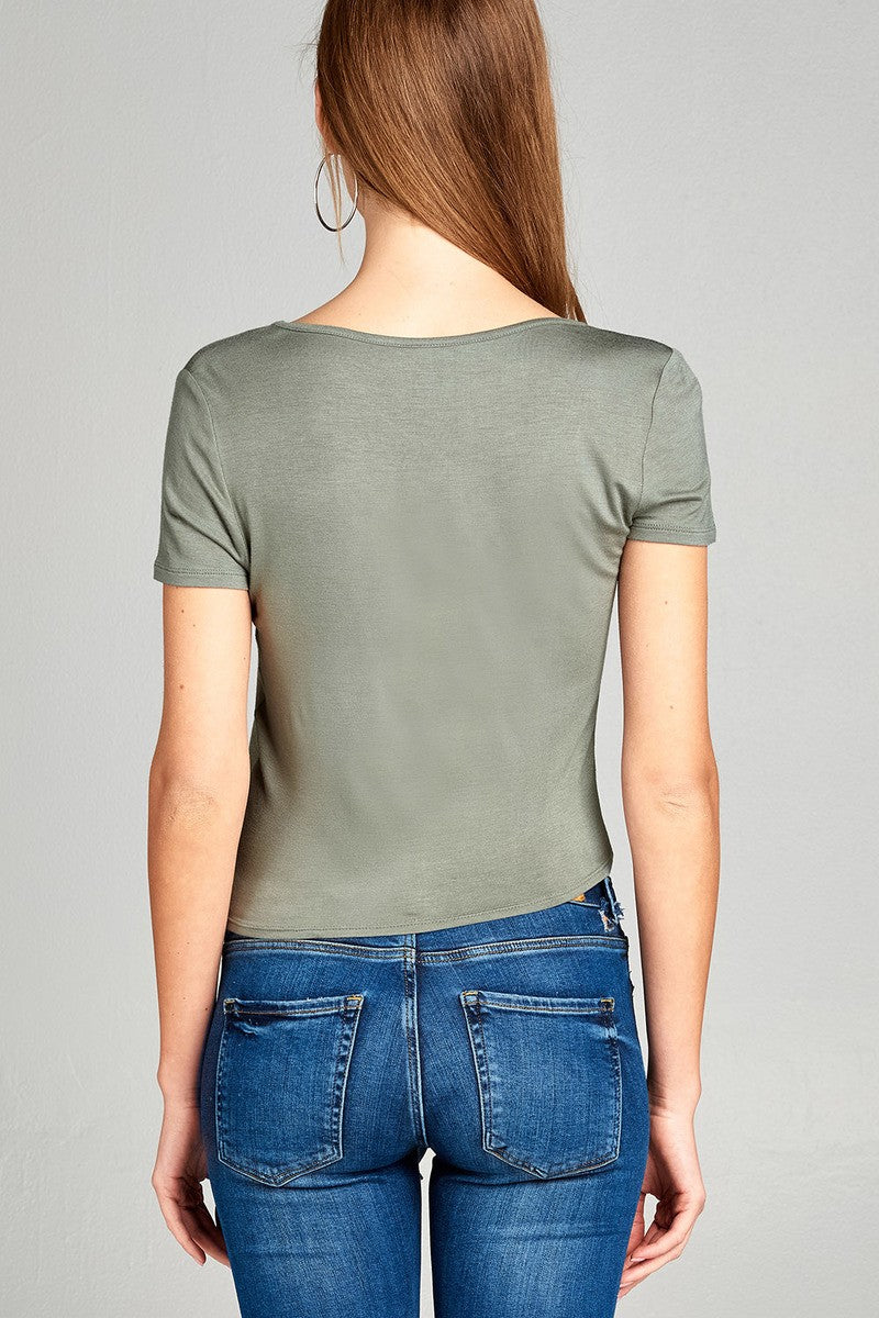 Ladies fashion short sleeve v-neck w/cross strap front self tie rayon spandex top