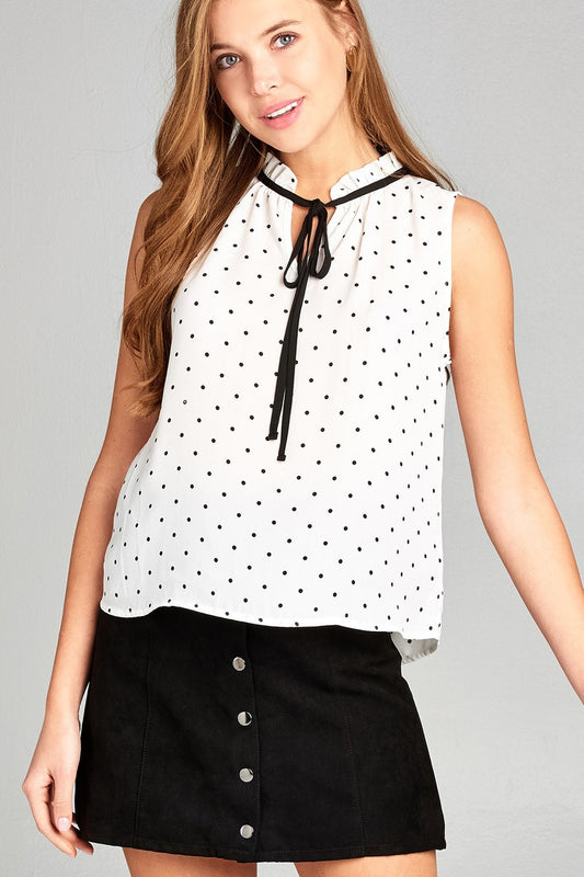 Ladies fashion sleeveless contrast self tie dot printed wool dobby woven top