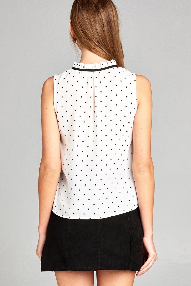 Ladies fashion sleeveless contrast self tie dot printed wool dobby woven top