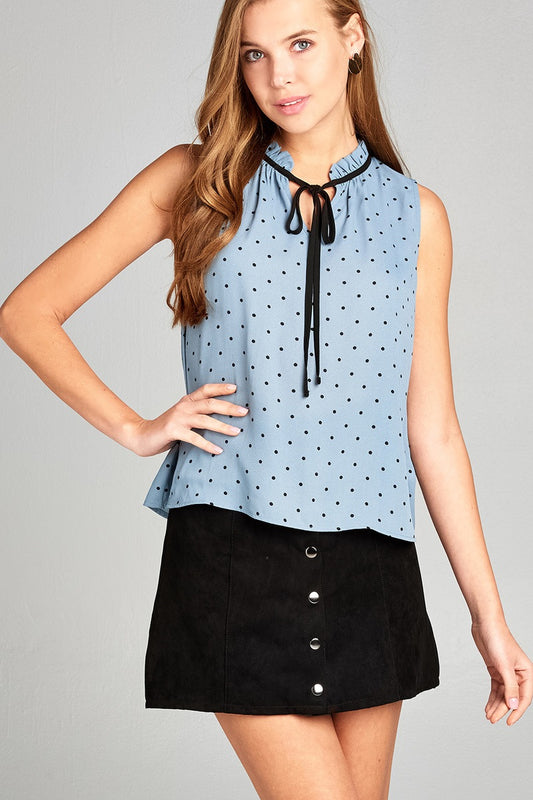 Ladies fashion sleeveless contrast self tie dot printed wool dobby woven top