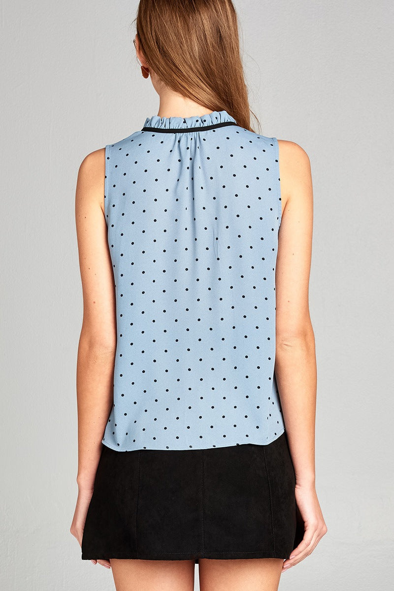 Ladies fashion sleeveless contrast self tie dot printed wool dobby woven top