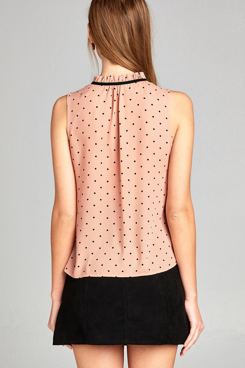 Ladies fashion sleeveless contrast self tie dot printed wool dobby woven top