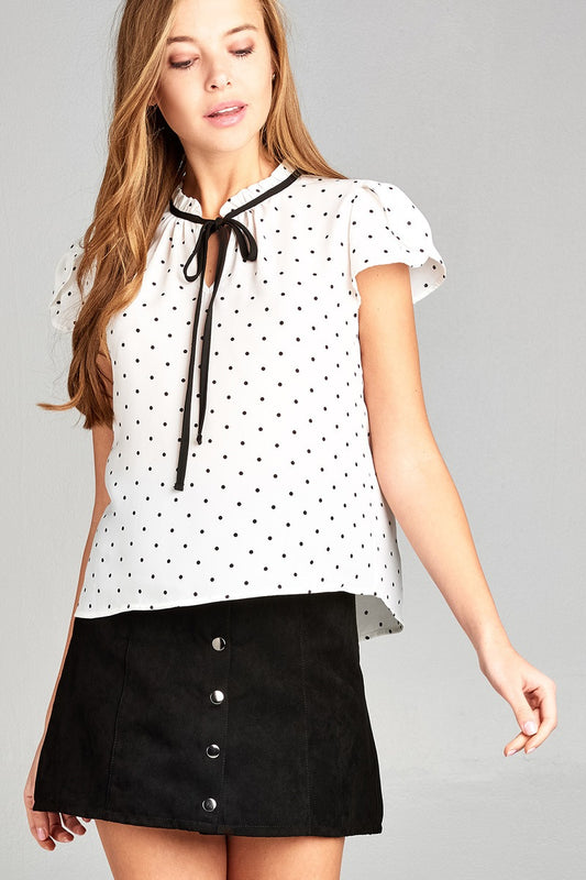 Ladies fashion short tulip sleeve contrast self tie dot printed wool dobby woven top