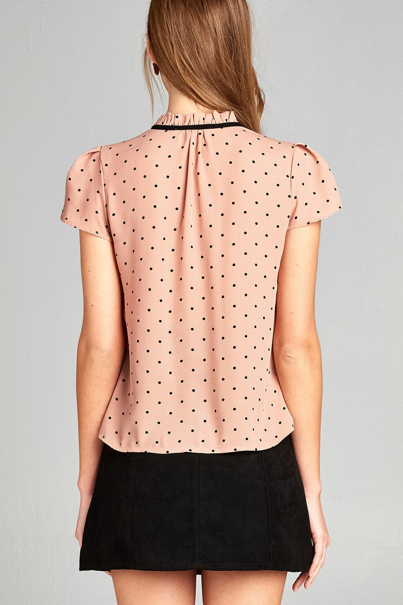 Ladies fashion short tulip sleeve contrast self tie dot printed wool dobby woven top