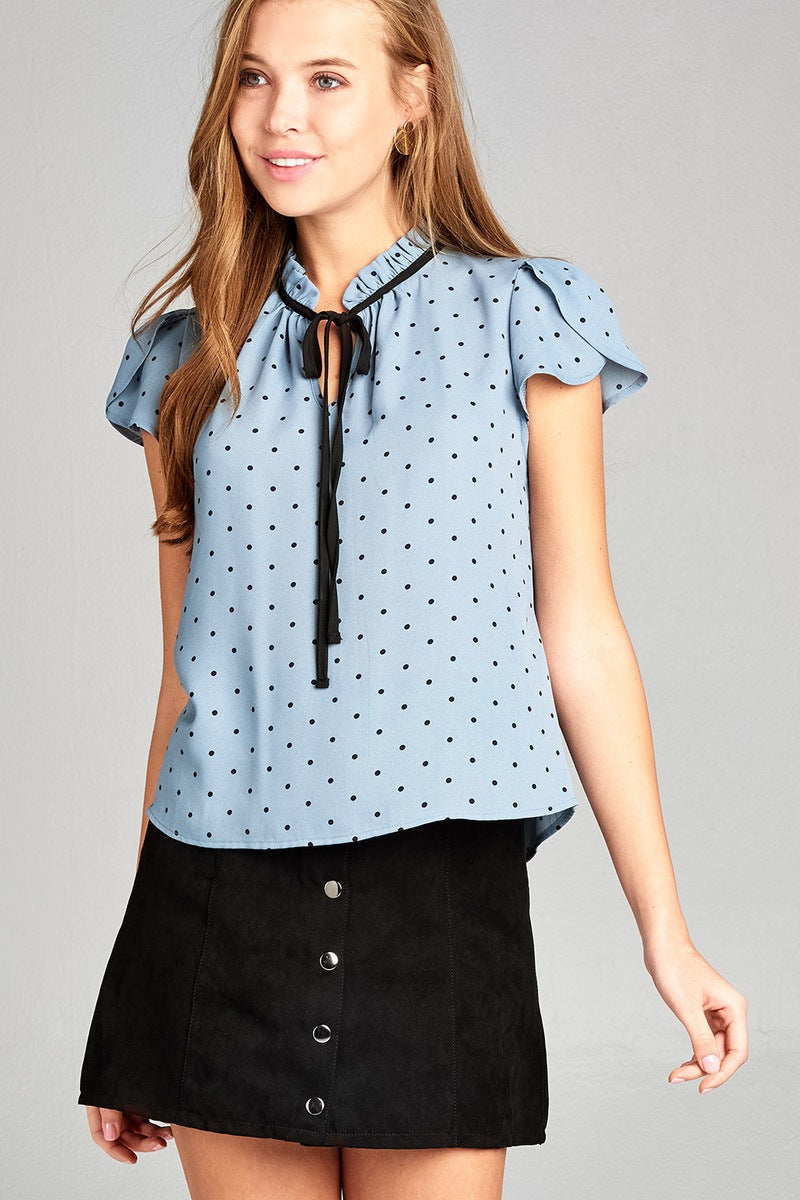Ladies fashion short tulip sleeve contrast self tie dot printed wool dobby woven top