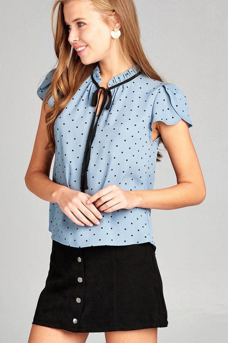 Ladies fashion short tulip sleeve contrast self tie dot printed wool dobby woven top