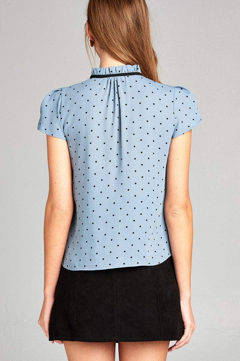 Ladies fashion short tulip sleeve contrast self tie dot printed wool dobby woven top