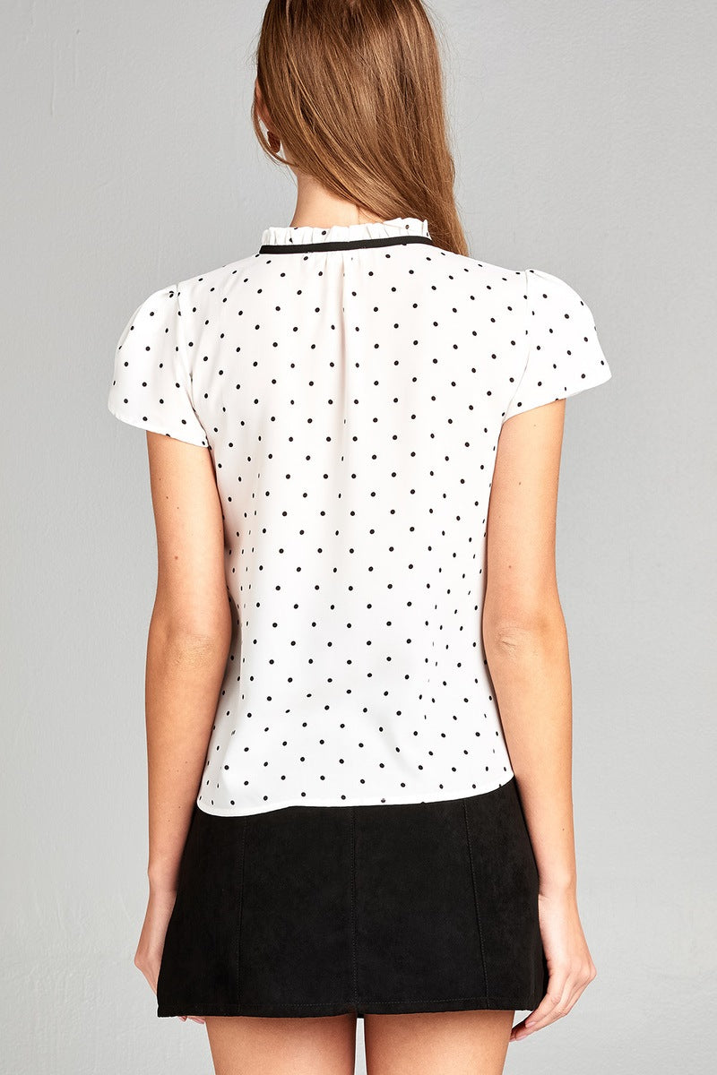 Ladies fashion short tulip sleeve contrast self tie dot printed wool dobby woven top