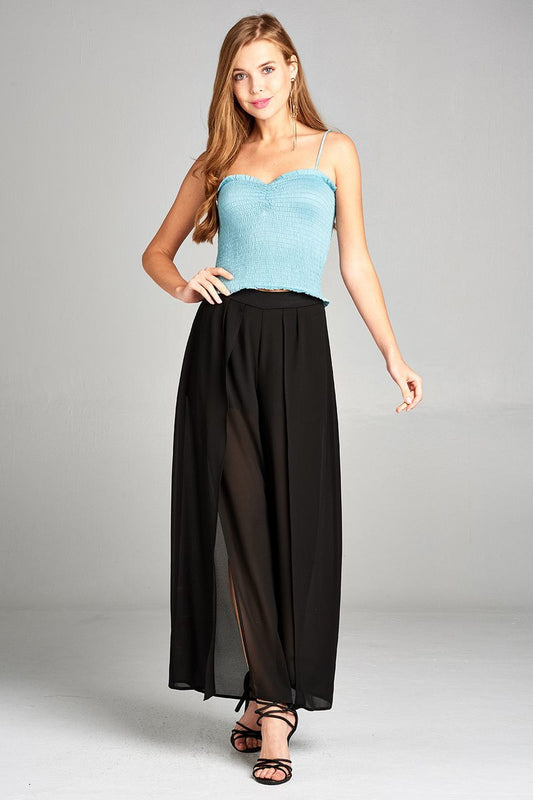 Ladies fashion smocked detail front shirring w/strap cami crop rayon spandex top