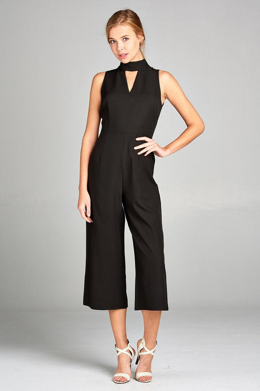 Ladies fashion sleeveless v-neck w/choker long leg woven jumpsuit