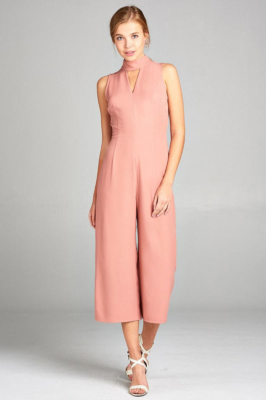 Ladies fashion sleeveless v-neck w/choker long leg woven jumpsuit