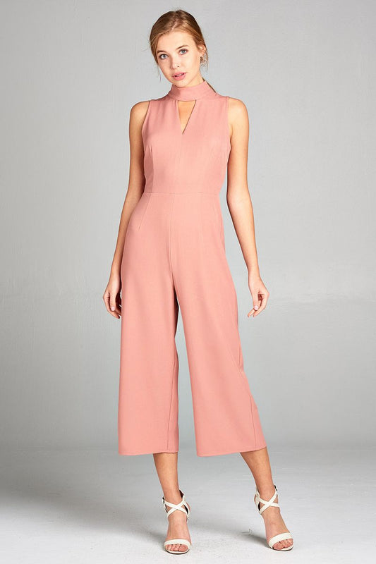 Ladies fashion sleeveless v-neck w/choker long leg woven jumpsuit