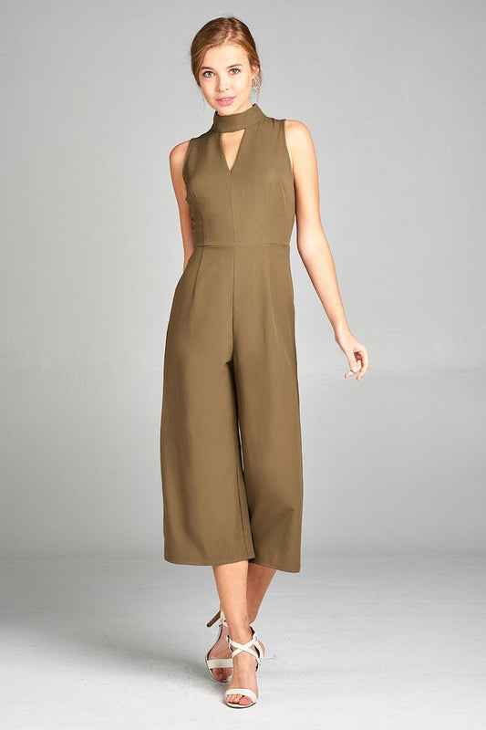 Ladies fashion sleeveless v-neck w/choker long leg woven jumpsuit