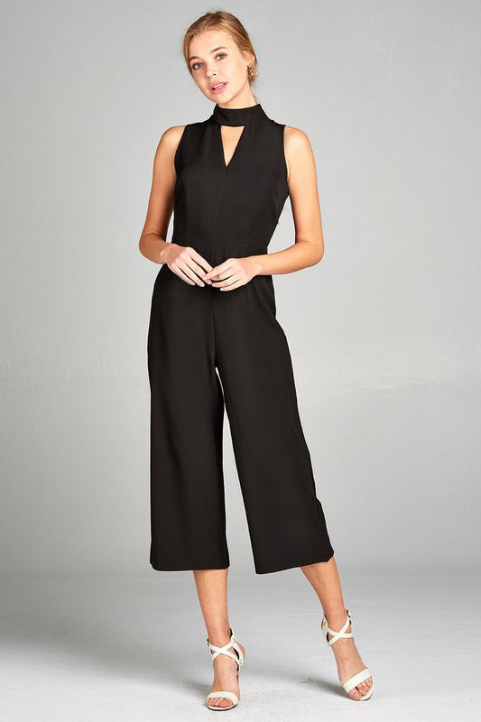 Ladies fashion sleeveless v-neck w/choker long leg woven jumpsuit