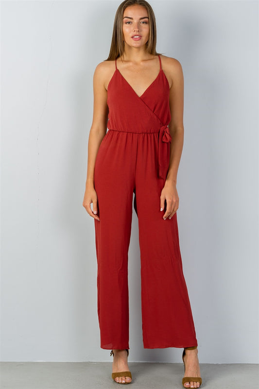Ladies fashion terra cota faux wrap jersey jumpsuit