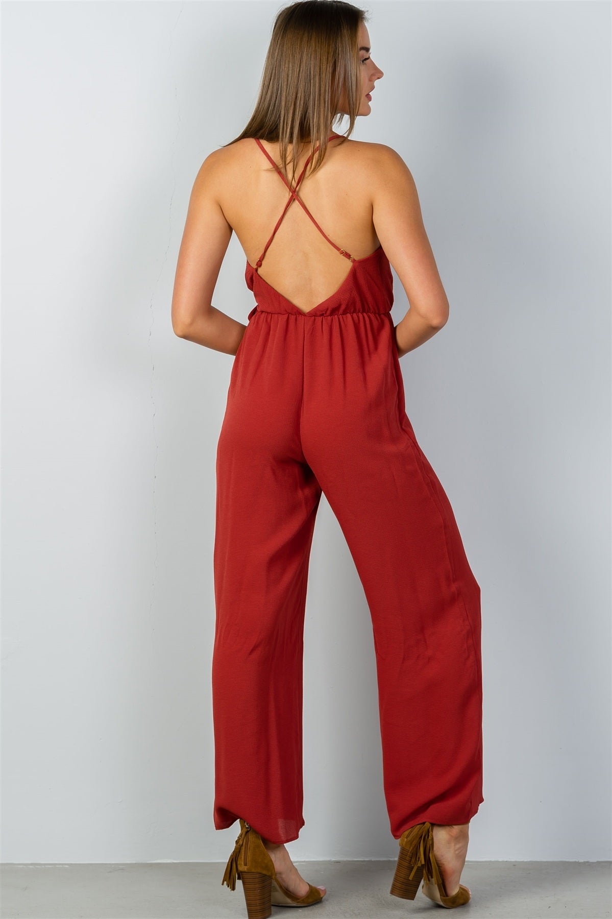 Ladies fashion terra cota faux wrap jersey jumpsuit