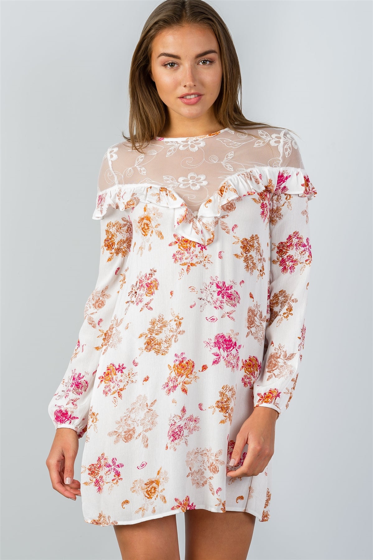 Ladies fashion boho ivory long-sleeve lace-inset shift dress