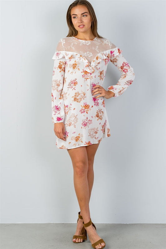 Ladies fashion boho ivory long-sleeve lace-inset shift dress