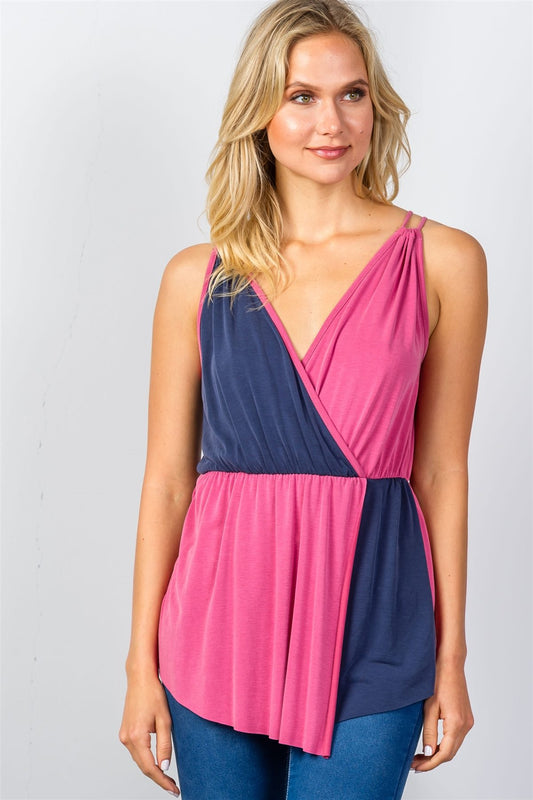 Ladies fashion raspberry & navy pink color-block v-neck crossover top
