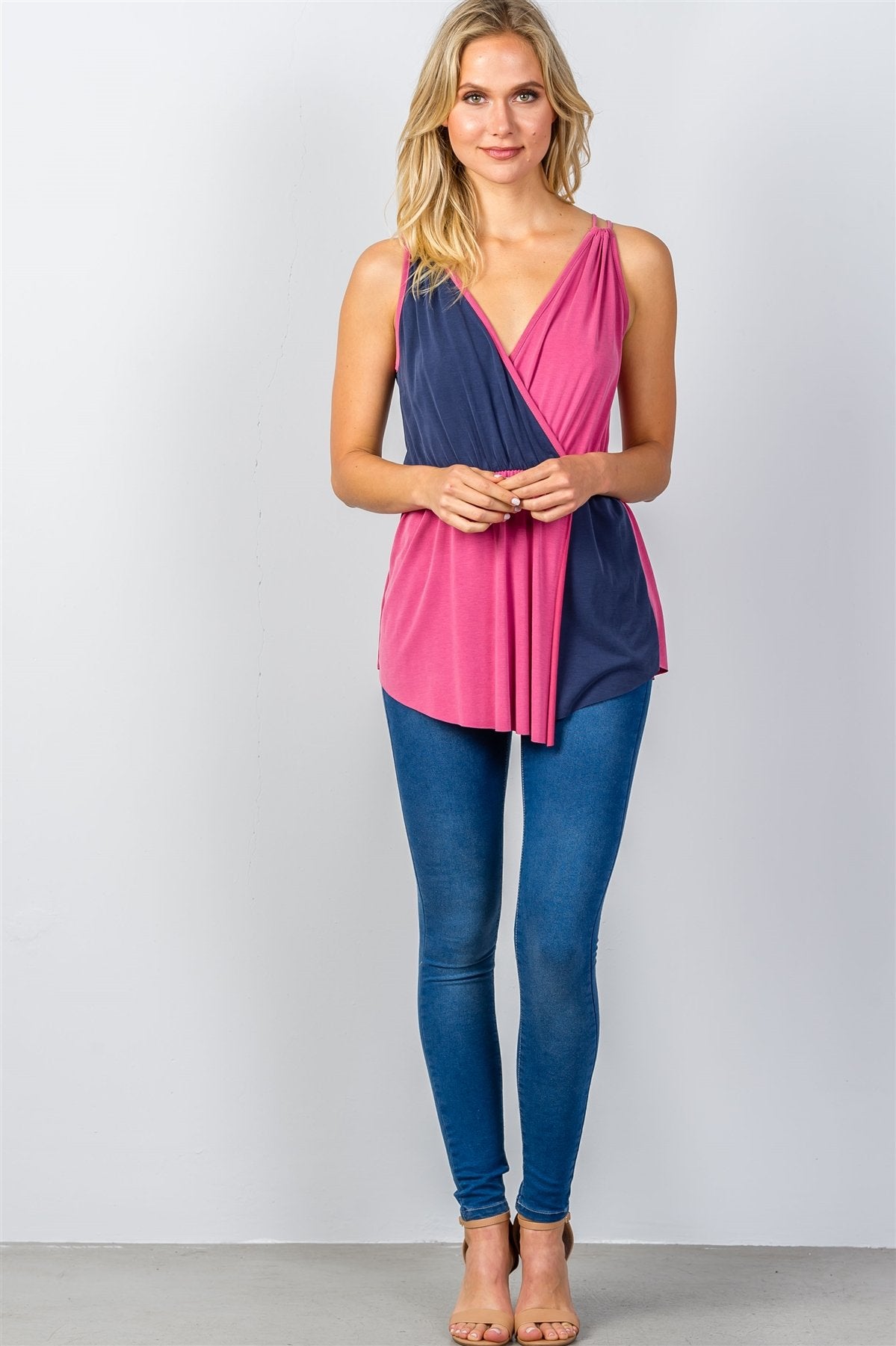 Ladies fashion raspberry & navy pink color-block v-neck crossover top