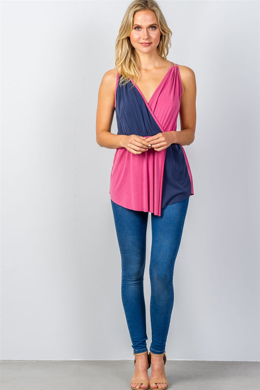 Ladies fashion raspberry & navy pink color-block v-neck crossover top