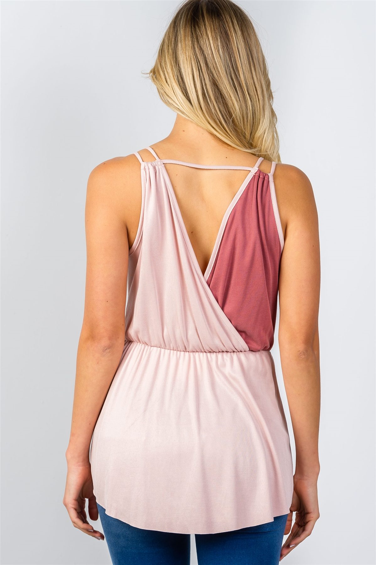 Ladies fashion pink color-block v-neck crossover top