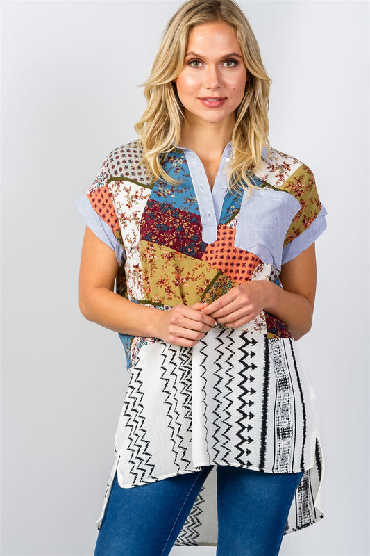 Ladies fashion boho multi patchwork short sleeve blouse