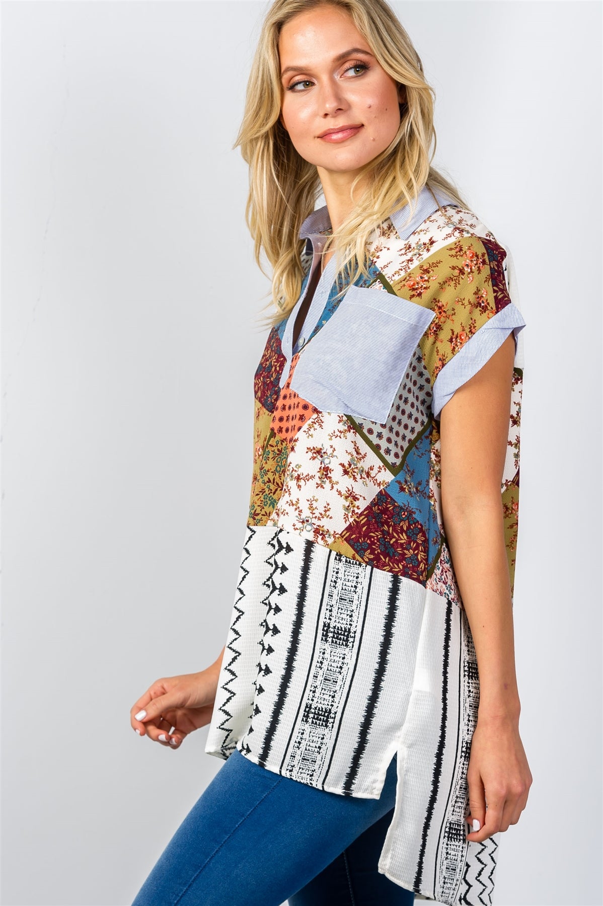 Ladies fashion boho multi patchwork short sleeve blouse