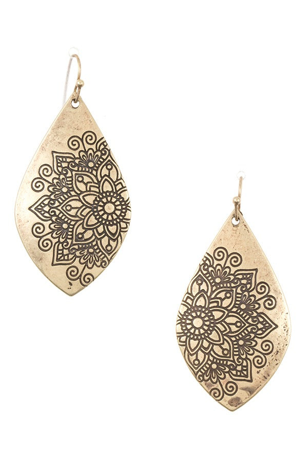 Floral mandala etched drop earring