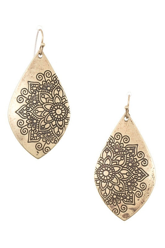 Floral mandala etched drop earring