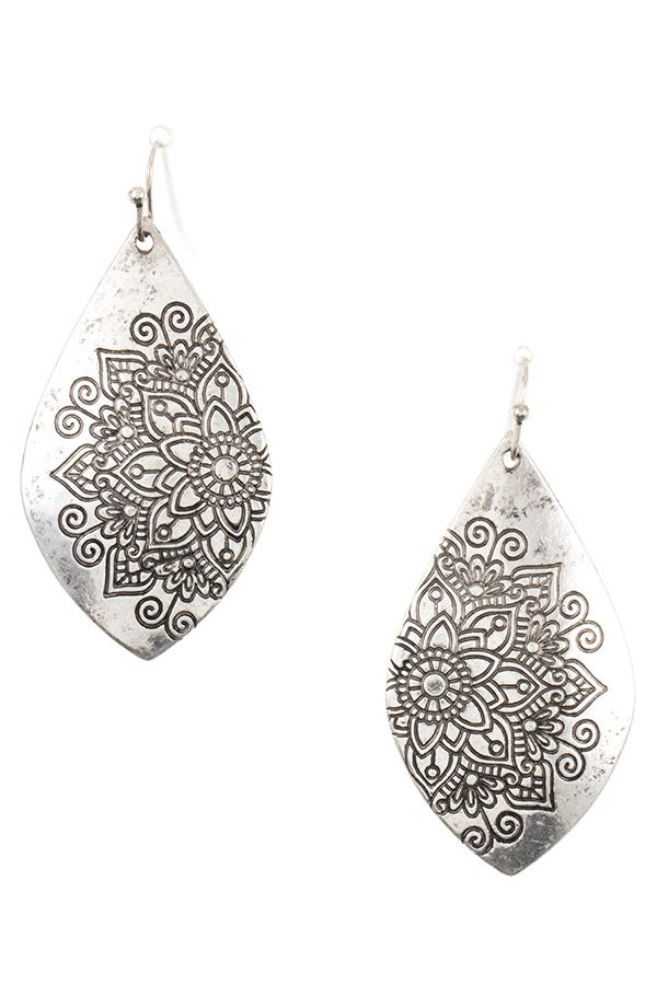 Floral mandala etched drop earring