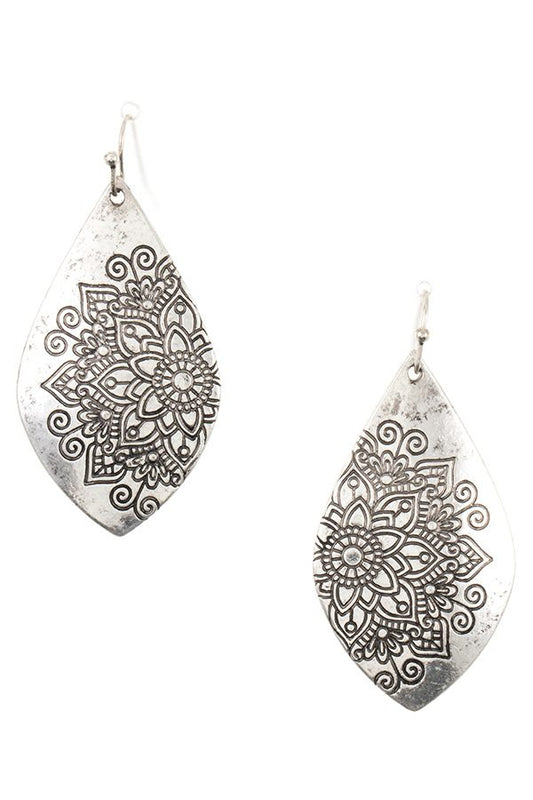 Floral mandala etched drop earring