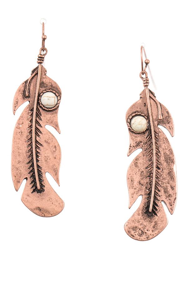 Etched leaf gem accent dangle earring