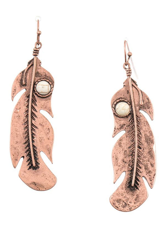 Etched leaf gem accent dangle earring