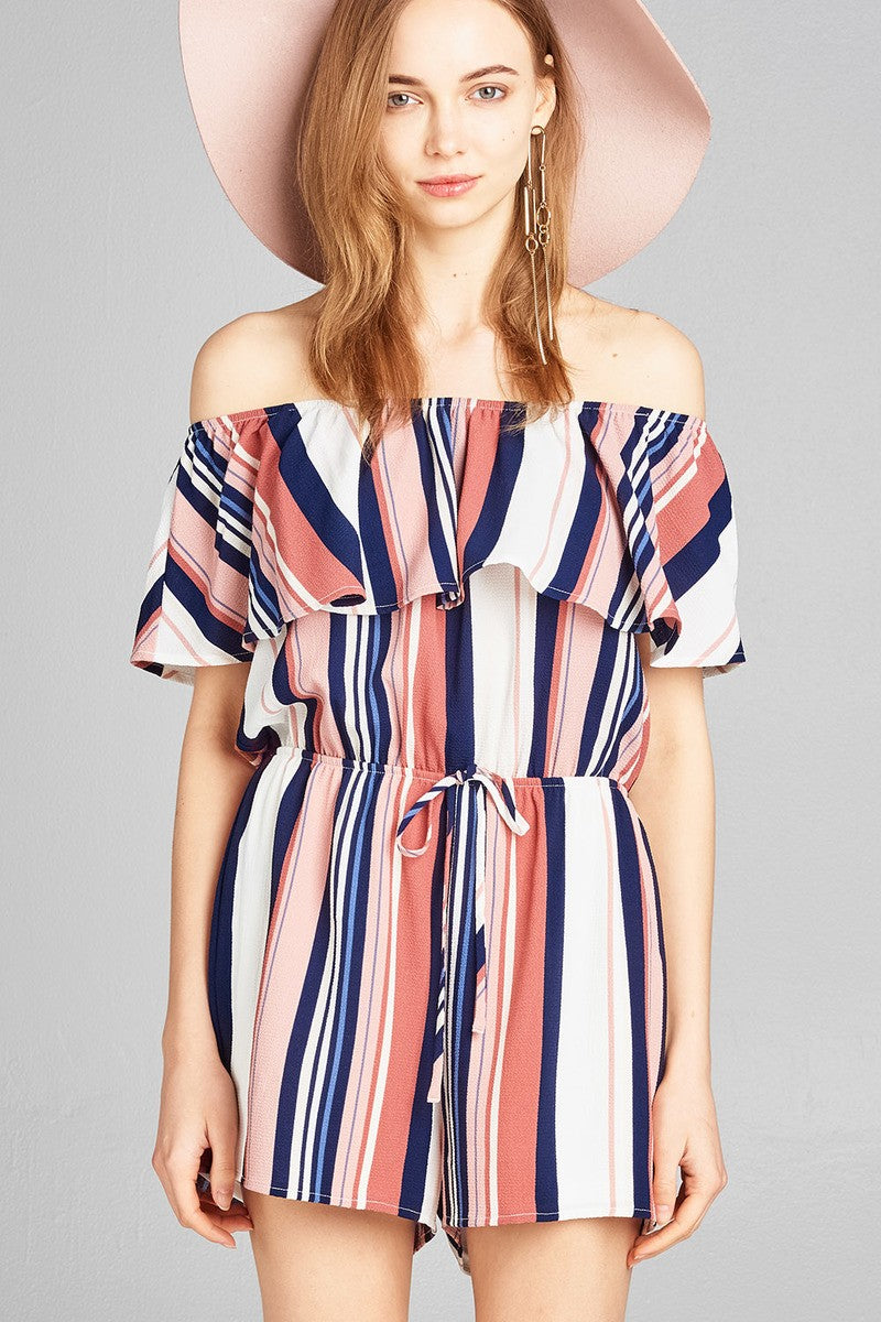 Ladies fashion off the shoulder flounce multi stripe woven romper