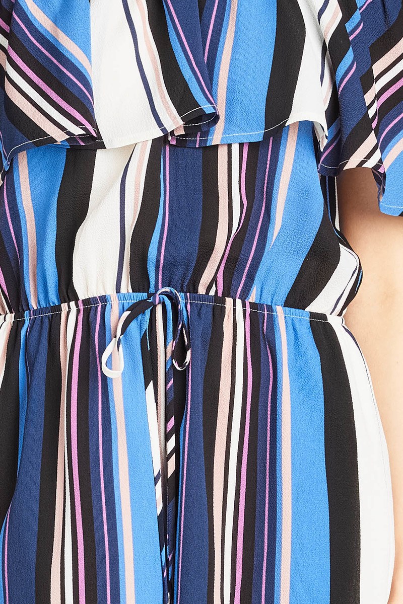 Ladies fashion off the shoulder flounce multi stripe woven romper