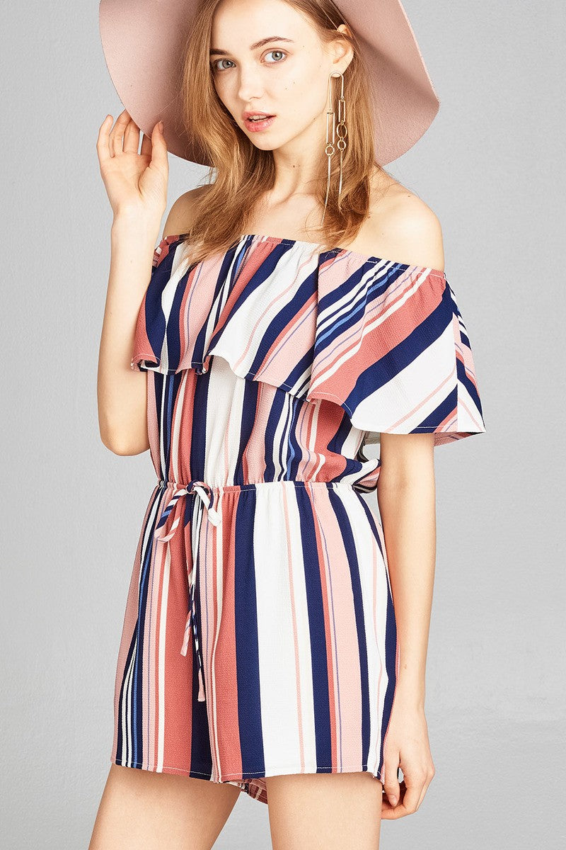 Ladies fashion off the shoulder flounce multi stripe woven romper