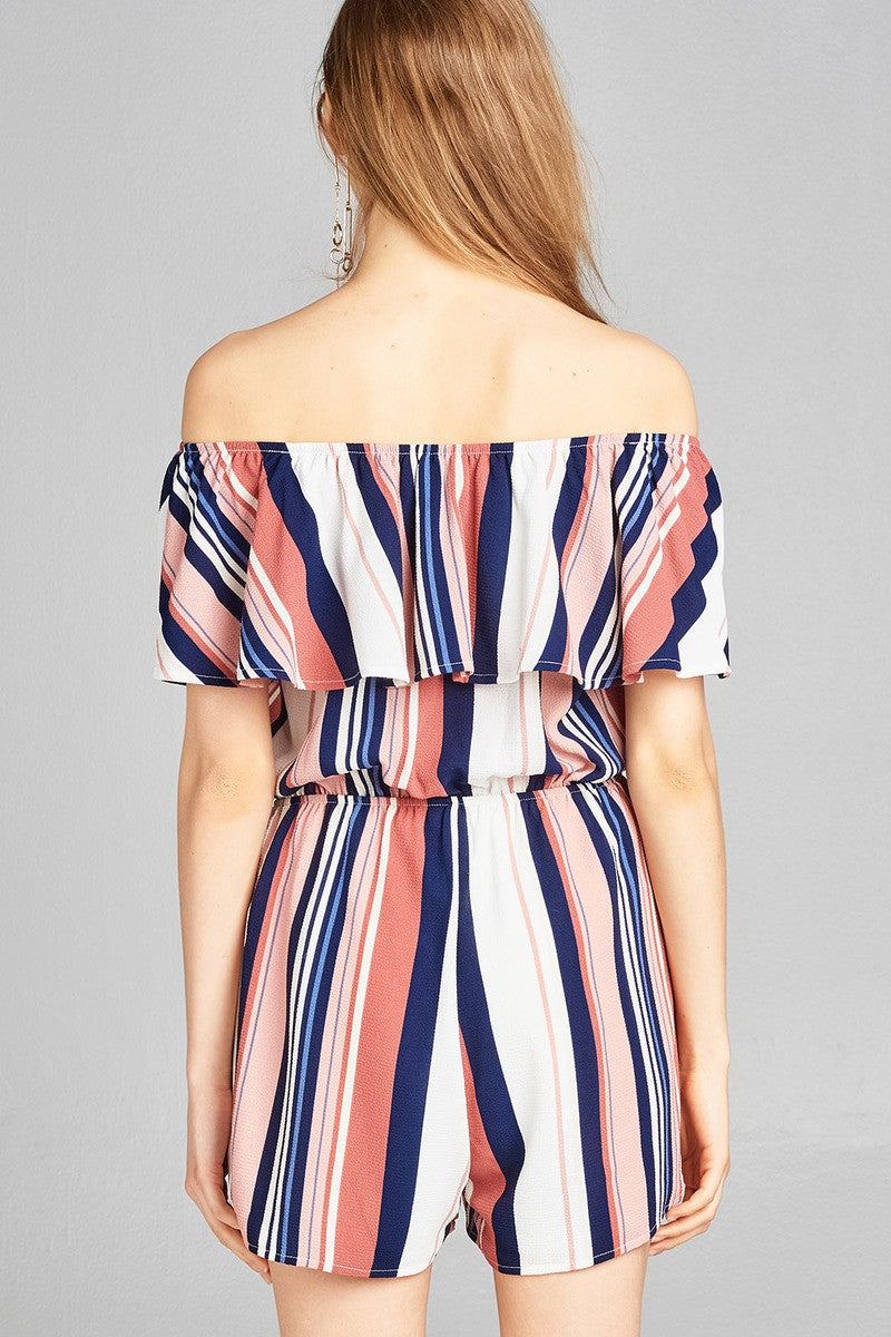 Ladies fashion off the shoulder flounce multi stripe woven romper