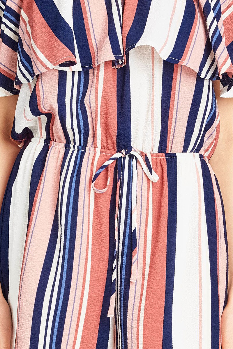 Ladies fashion off the shoulder flounce multi stripe woven romper