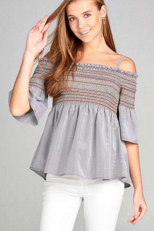 Ladies fashion short sleeve open shoulder w/special smoked stripe woven top