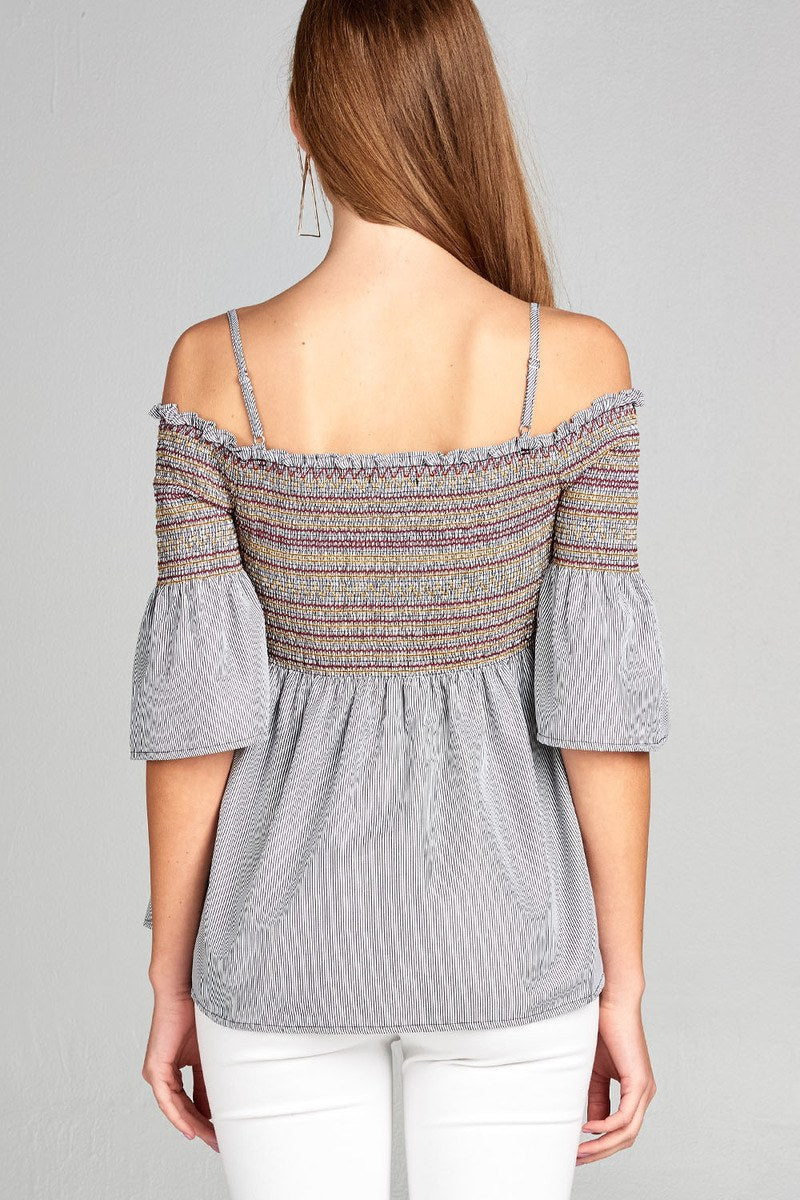 Ladies fashion short sleeve open shoulder w/special smoked stripe woven top