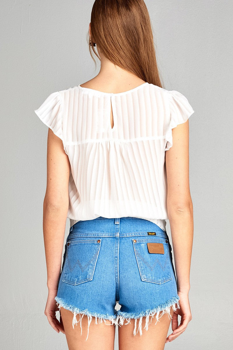 Ladies fashion short ruffle sleeve round neck front self tie hem w/back button woven top
