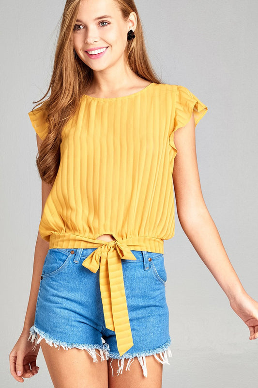 Ladies fashion short ruffle sleeve round neck front self tie hem w/back button woven top