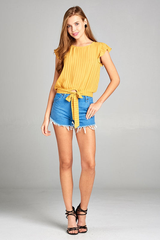 Ladies fashion short ruffle sleeve round neck front self tie hem w/back button woven top