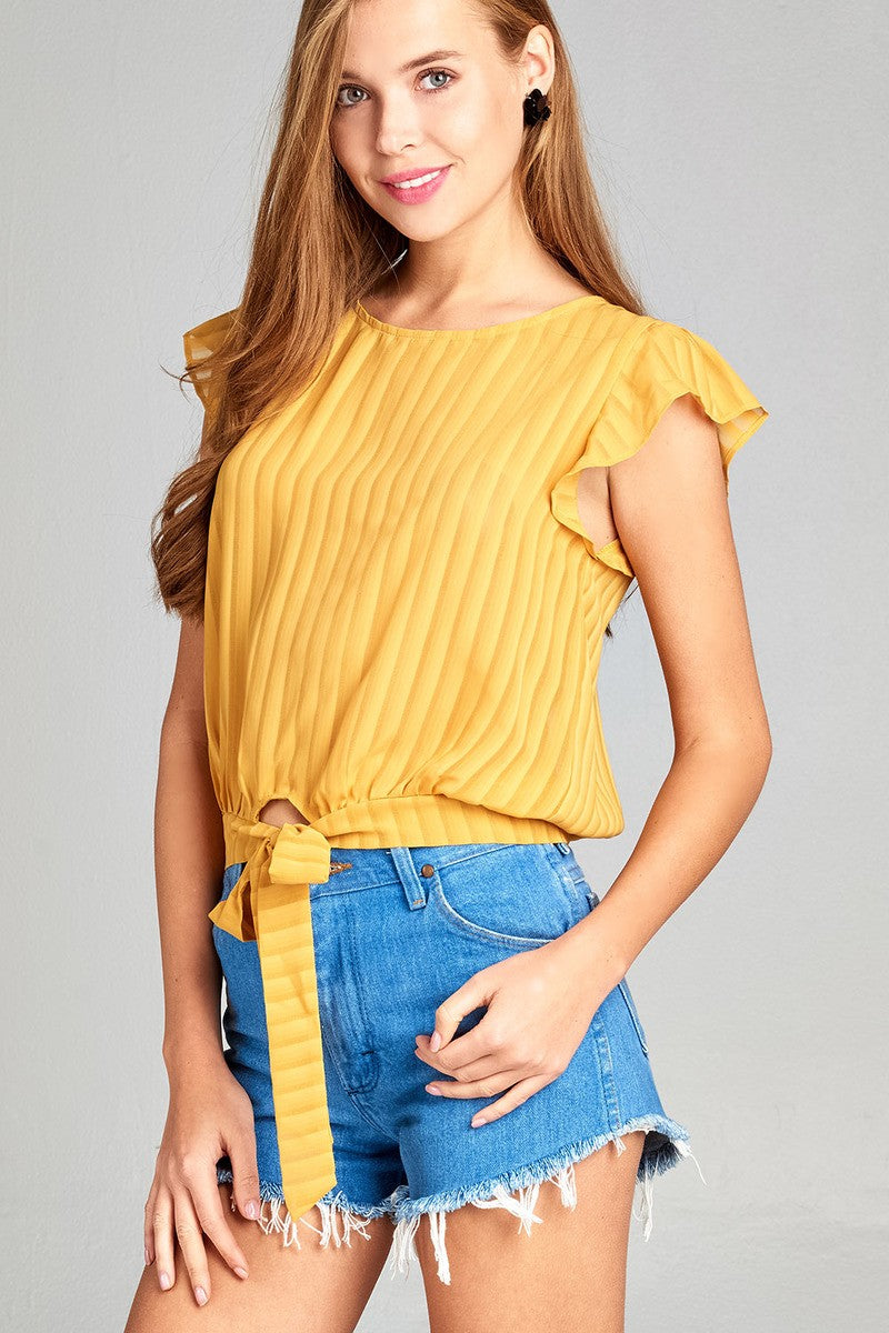 Ladies fashion short ruffle sleeve round neck front self tie hem w/back button woven top