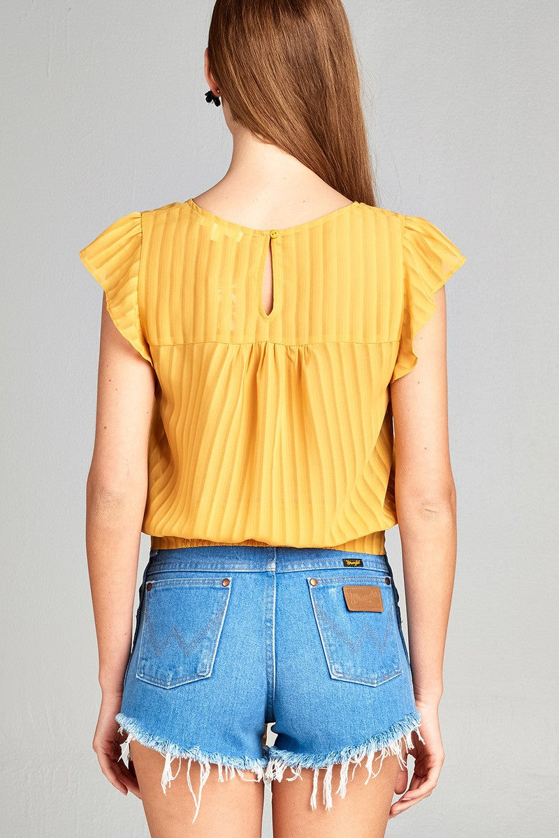Ladies fashion short ruffle sleeve round neck front self tie hem w/back button woven top