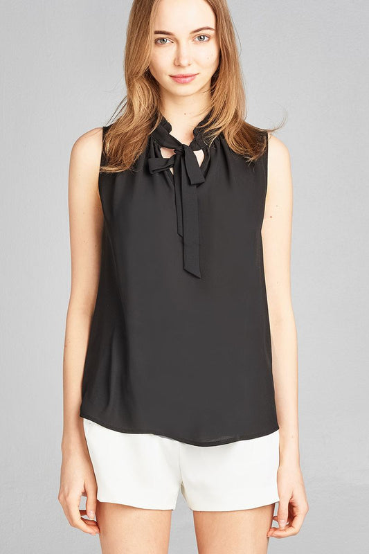 Ladies fashion sleeveless ruffle neck w/self-tie wool dobby woven top