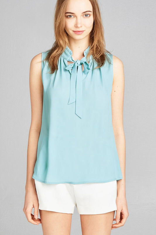 Ladies fashion sleeveless ruffle neck w/self-tie wool dobby woven top